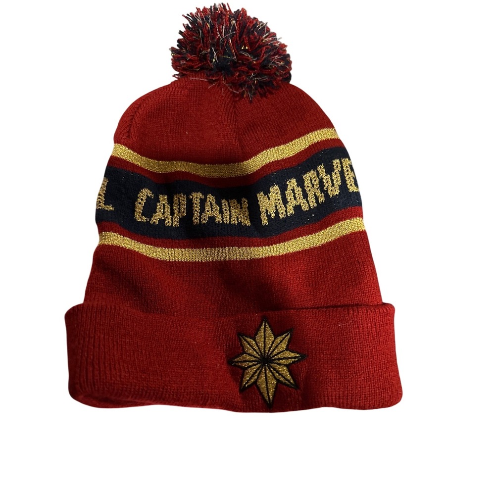 Marvel Captain Marvel Red Navy Gold Knit Pom Beanie Hat Star Logo MCU